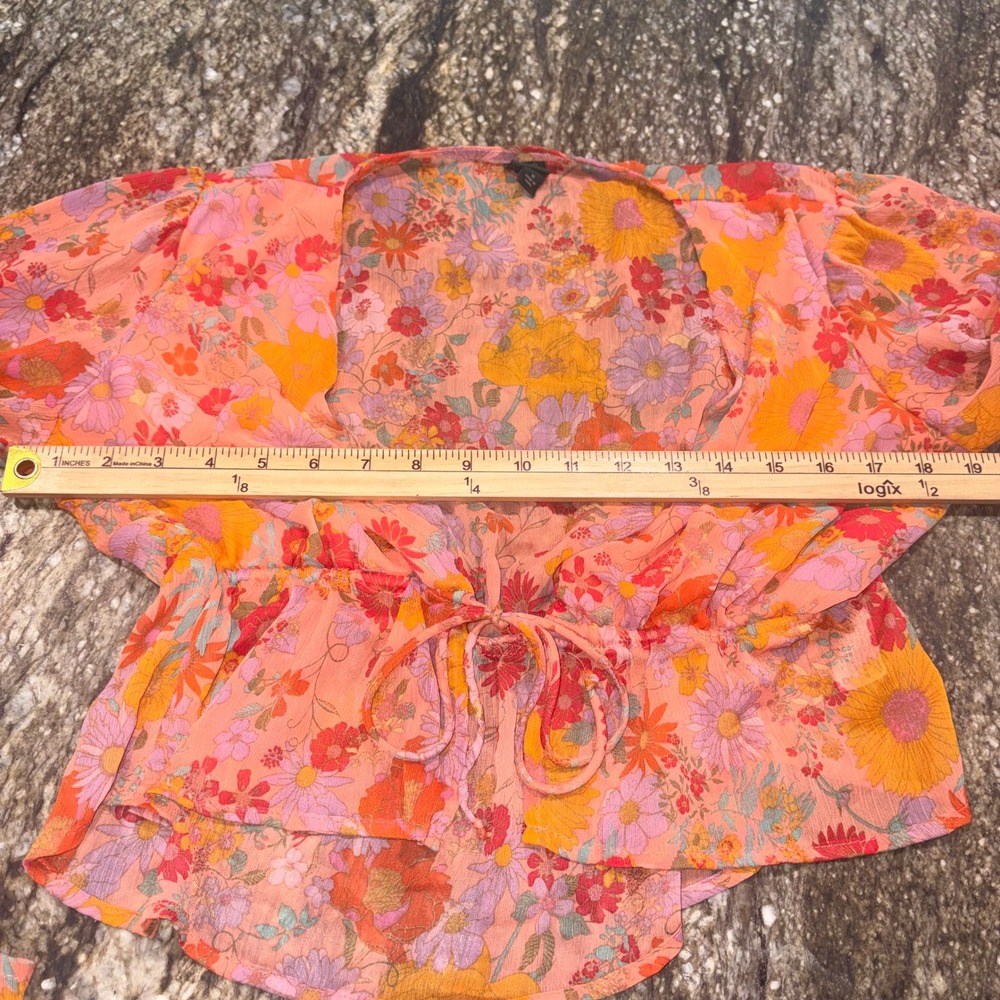 Floral Bell Sleeve Tie Front Boho Festival Top Womens Size Medium Orange - Picture 9 of 11